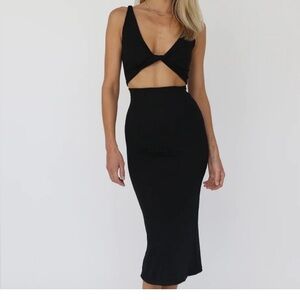 Skatie Amelia Twist Front Black Ribbed Midi Dress - Small